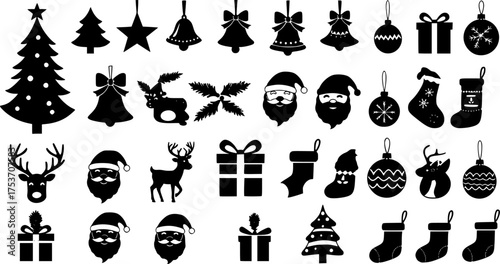 Black and white Christmas vector illustration of Santa stocking bell wreath snowman tree gift
