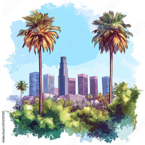 Los Angeles. Los Angeles hand drawn watercolor illustration