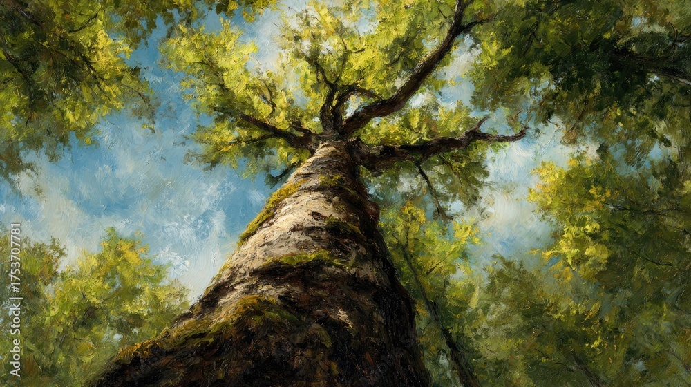 Obraz premium Low angle view of a large tree with green leaves against a cloudy sky