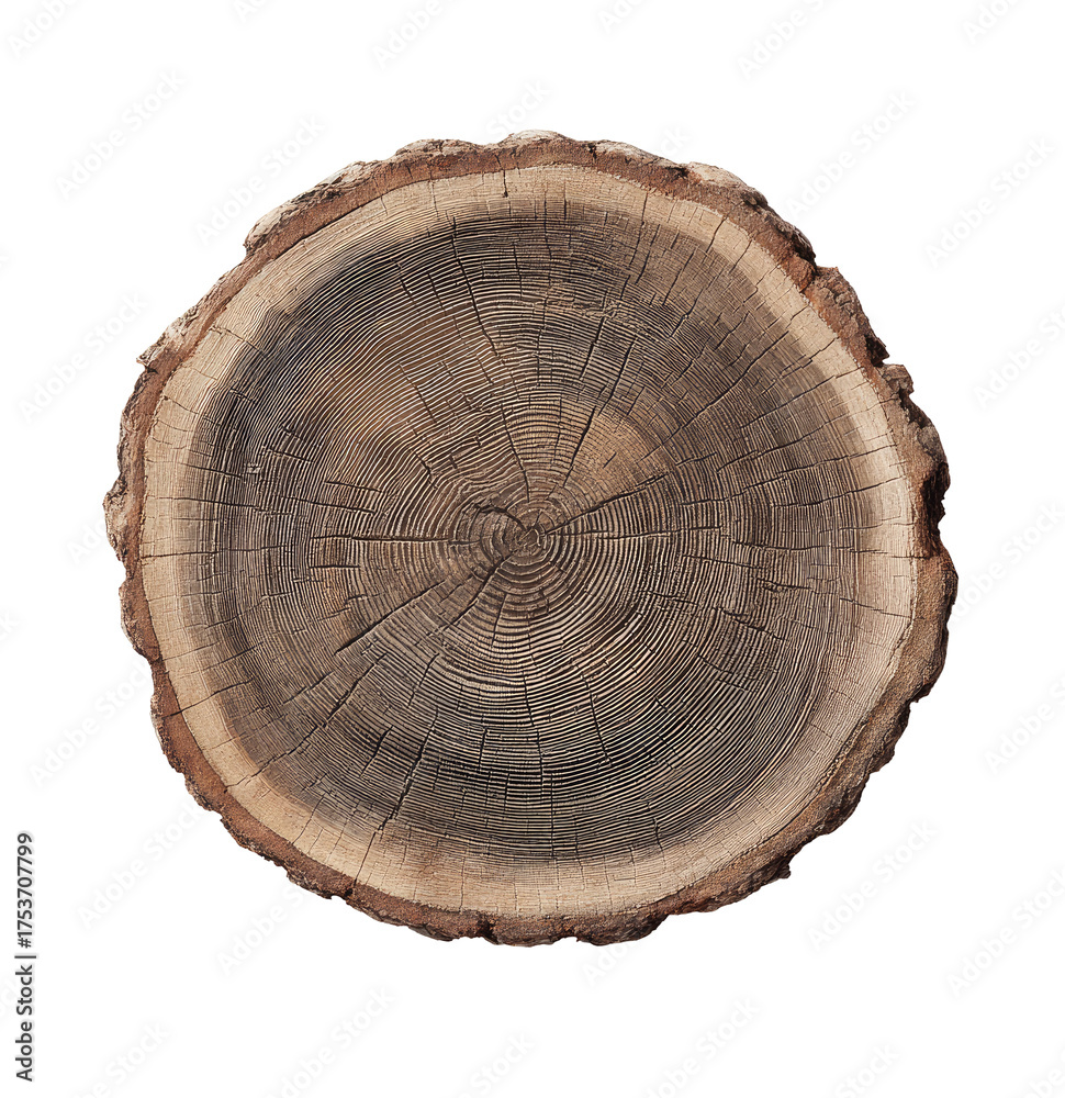 Obraz premium Close-up of a circular tree trunk cross-section. Detailed wood grain patterns and rings are visible