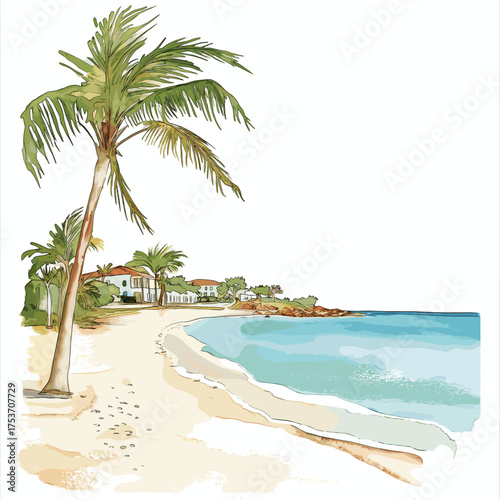 Saint Martin Beach. Saint Martin Beach hand drawn watercolor illustration