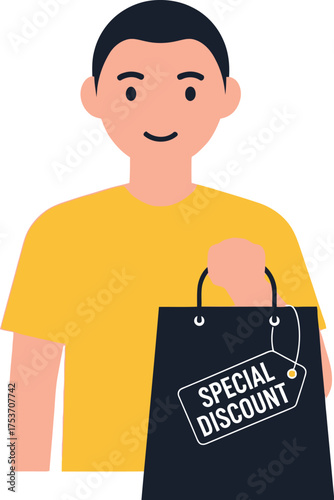 Happy shopper holding a bag with a special discount tag, celebrating a great deal.
