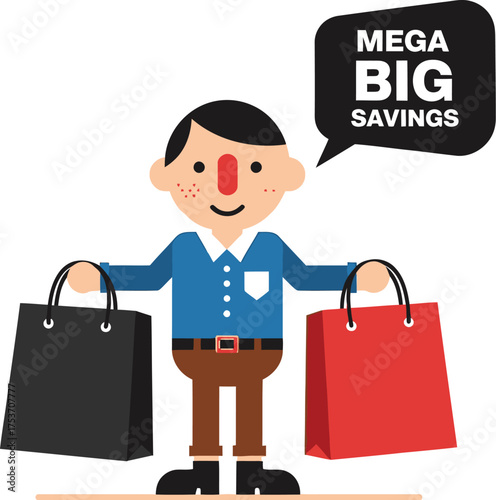 Excited man with shopping bags celebrates mega big savings