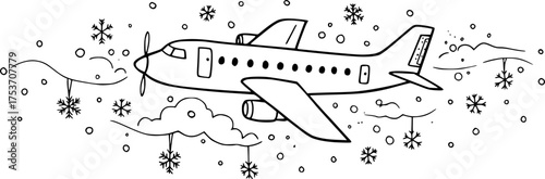 Black and white airplane doodle in sky with snowy elements - stock vector
