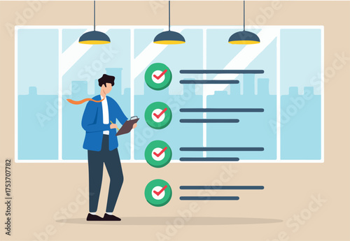 Flat illustration of CEO hold clipboard review business checklist in office room