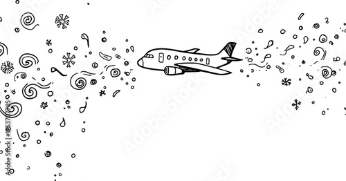 Black and white airplane doodle in sky with snowy elements - stock vector
