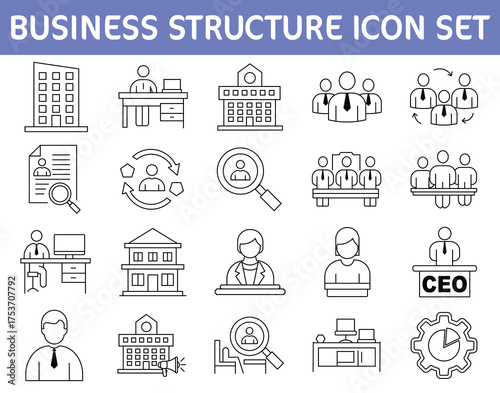 Line Art Icon Set for Business Structure and Corporate Hierarchy Business Structure Line Art Icon Set. Corporate Organization, Management, and Teamwork Vector Symbols for HR, Company Hierarchy.