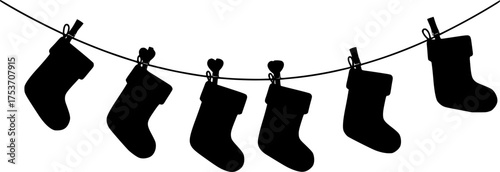 Festive Christmas Stocking Garland Silhouette with Heart Clothespins on White
