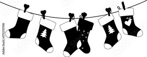 Festive Christmas Stocking Garland Silhouette with Heart Clothespins on White
