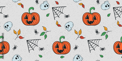 Happy Halloween seamless pattern, background vector. Cute groovy spooky ghost, pumpkin, skull, spider, black cat. Hand drawn festival wallpaper, illustration in doodle style for decoration, prints.