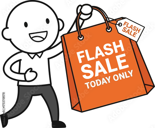 Excited shopper carries a large orange bag announcing a flash sale today only