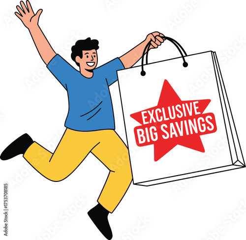 Joyful man celebrating with a large shopping bag filled with exclusive savings and big discounts