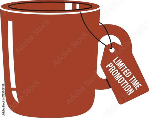 Warm ceramic mug with a tag announcing a limited time promotion, perfect for sales and offers.
