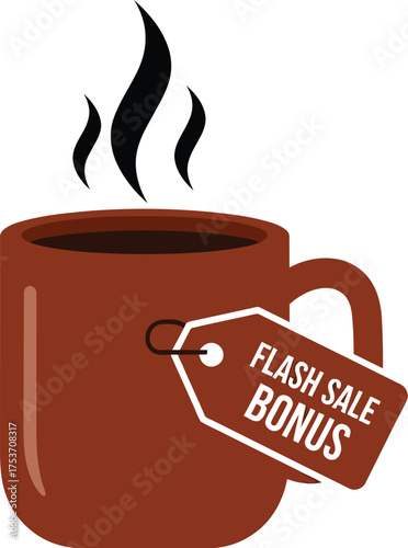 Warm mug of coffee with a "Flash Sale Bonus" tag, perfect for promotions and cozy moments.