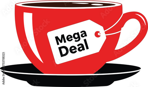 Hot beverage in a red cup with a "Mega Deal" tag, symbolizing a special offer or promotion.
