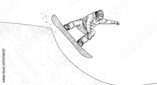 Snowboarder in halfpipe, performing trick, engraving sketch on white background