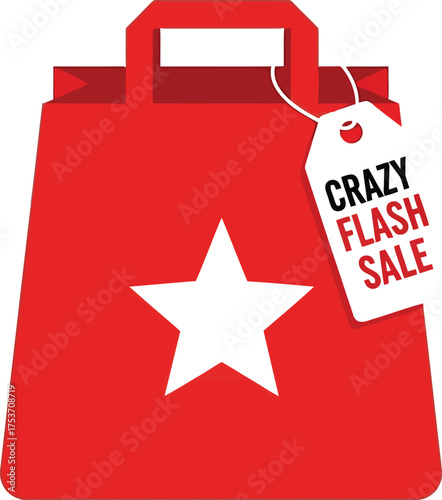 Vibrant red shopping bag with star and "Crazy Flash Sale" tag, perfect for retail promotions.