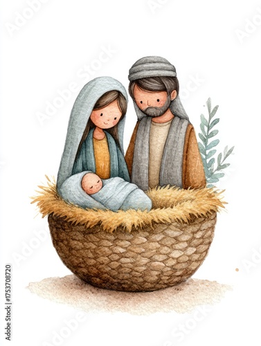 The Virgin Mary and Joseph stand near the cradle with the infant Jesus Christ against a white background. Watercolor illustration, Christmas card
