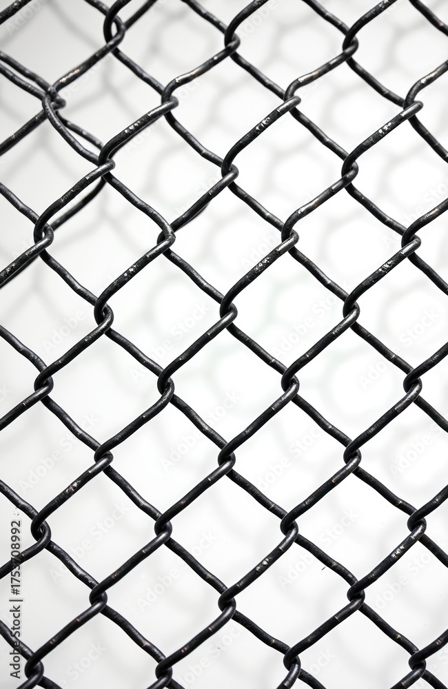 Naklejka premium Black metal chain link fence with diamond pattern. Interconnected wire mesh texture on white background. Security barrier with grid structure. Industrial wire netting for protection and safety.
