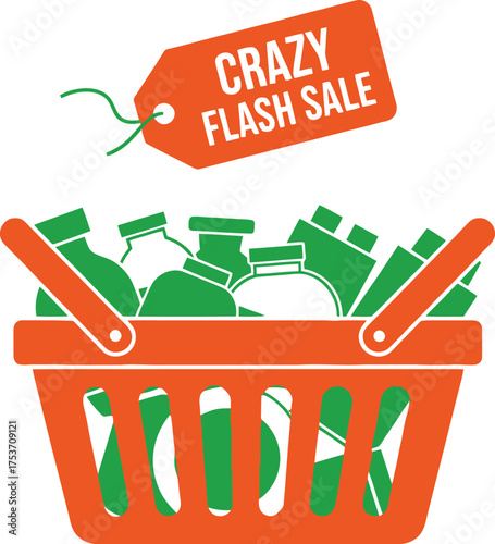 Shopping basket overflowing with products, tag announces crazy flash sale