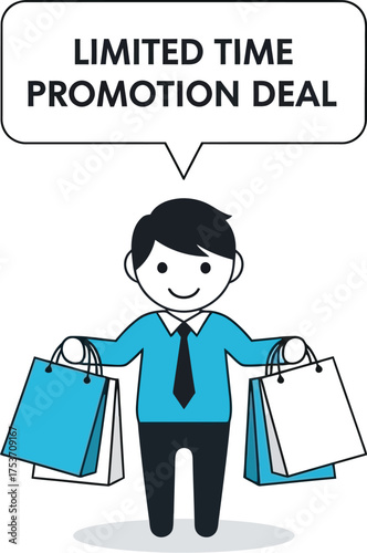 Excited shopper holding bags with limited time promotion deal message