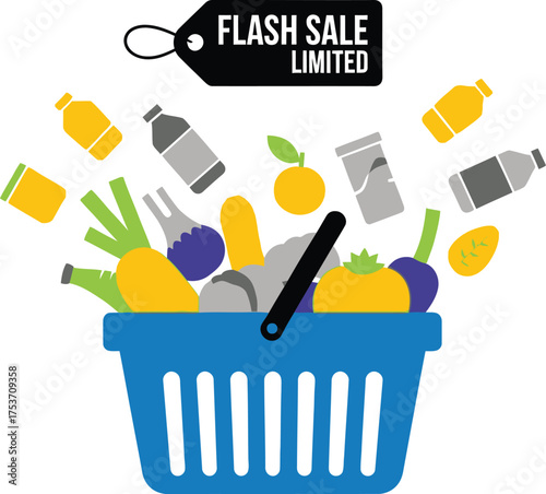 Exciting flash sale offers a bounty of fresh groceries overflowing from a blue shopping basket.