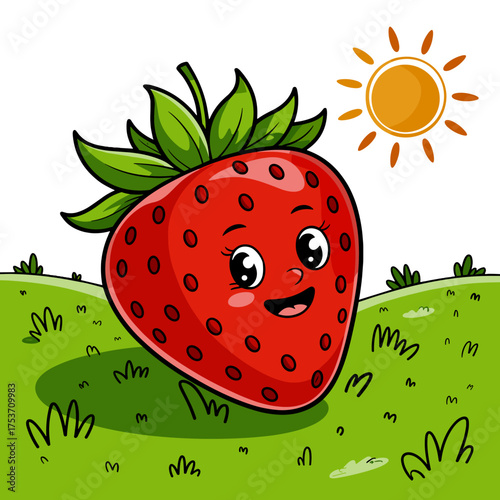 Cute Cartoon Strawberry Character in Sunny Grass Field Vector Illustration 