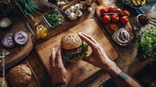 Handmade burger with fresh vegetables on rustic wooden table