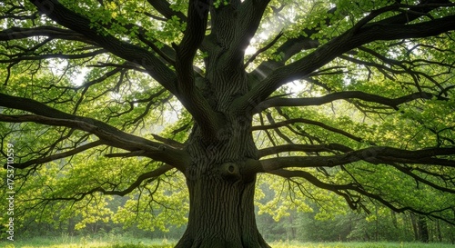 A majestic, ancient tree with sprawling branches and lush green leaves stands in a sunlit clearing, symbolizing strength, growth, and the enduring beauty of nature in a peaceful forest setting.

