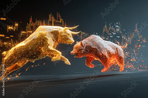 Abstract digital illustration depicting a bull and bear in a market clash, symbolizing financial volatility with vivid colors and geometric shapes