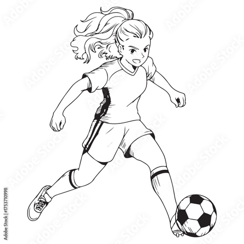 Young girl kicking soccer ball silhouette