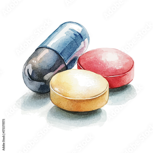 watercolor of Pills, vector, isolated on a white background.
