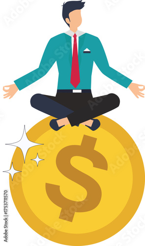 Find your financial zen with this man meditating on a gold coin, visualizing success and wealth creation, perfect for business finance content vector style flat illustration
