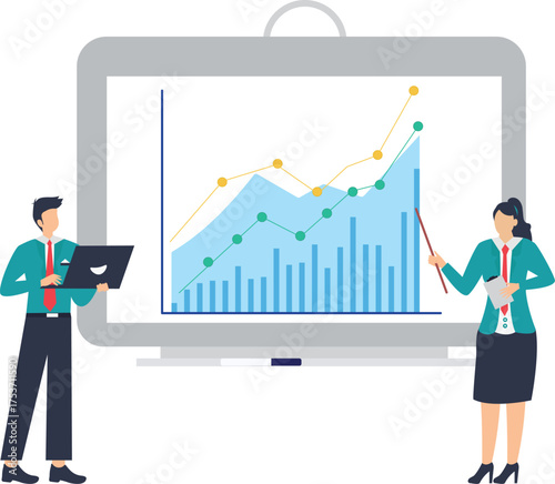 Dynamic business presentation showing growth charts with modern team collaboration for strategic planning and financial success in bright office setting vector style flat illustration
