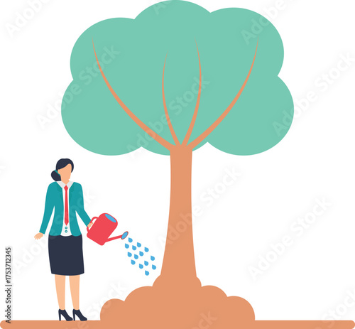 Professional woman tending to flourishing tree with vibrant growth, symbolizing business development and personal investment in a sustainable future vector style flat illustration
