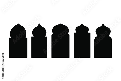 Five isolated black mosque window silhouettes stand arranged closely together on the white background