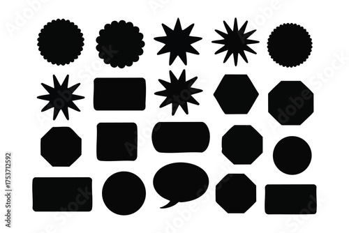 Several geometric black shapes, including stars, circles, squares, and speech bubbles, appear on white