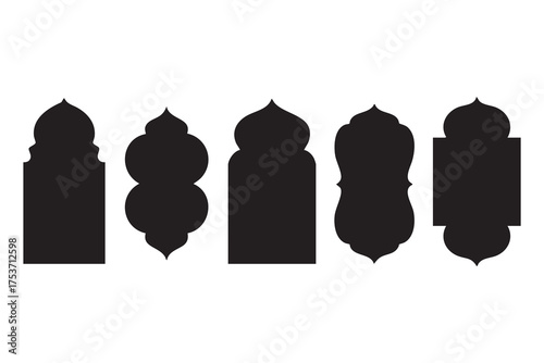 Five isolated black mosque window silhouettes stand arranged closely together on the white background