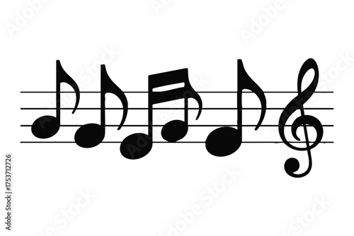 Black musical notes with treble clef sitting on a white staff create artwork