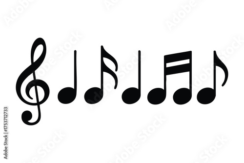 Assorted black music notes align on a white background in simple form