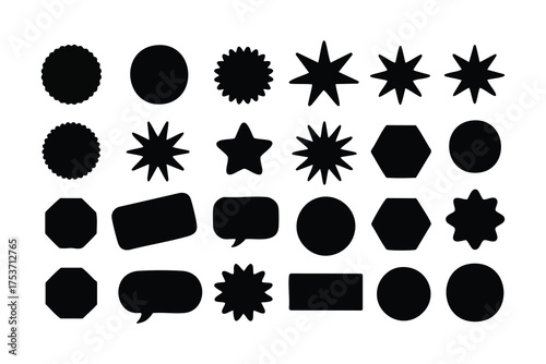 Collection of black geometric shapes like stars, circles, and speech bubbles against white