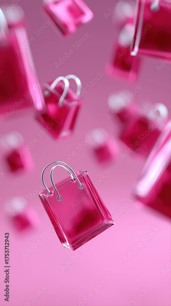 Obraz premium Floating transparent pink shopping bags on pastel background