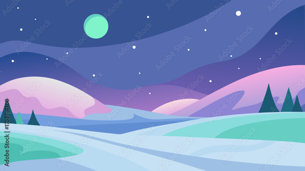 Fototapeta premium A serene, cold winter night landscape with snow-covered forest trees, a bright moon and shining stars in the dark blue sky