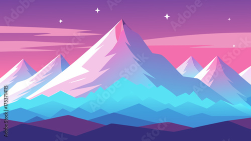 Vector cartoon illustration of a cold winter mountain landscape with snow and ice peaks under a vast sky