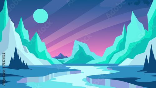 Vector illustration of a cold winter mountain landscape with snow, ice, and blue sky