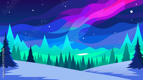 Snowy winter forest landscape with trees, mountain, and sky