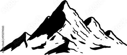 Mountains, peaks, bold linework mountain sketch in black and white. Ideal for logos, apparel or outdoor adventure designs.