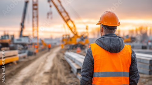 Male construction worker in safety gear standing on dirt path at building site, crane lifting concrete beams in background. Perfect for industry, engineering, and safety concepts.