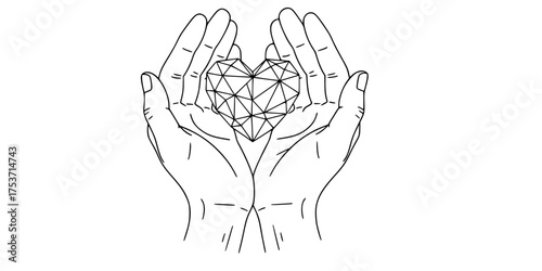 Minimalist Hands Holding Geometric Heart Flat Vector Graphic	