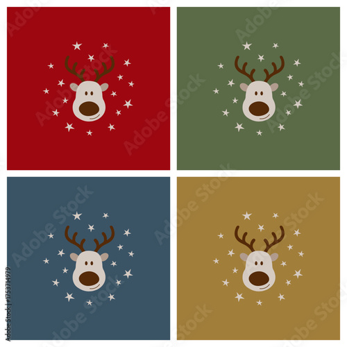 Vierer-Set weihnachtlicher Vektorgrafiken mit Elch und Sternen mit rotem, grünem, blauem und goldfarbenem Hintergrund. Freier Platz für Text. Vorlage für Einladungen, Grußkarten, Social Media Posts. 